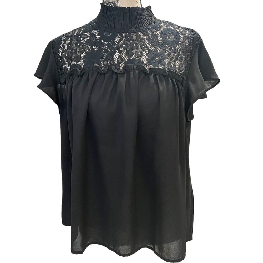Reese women Medium Blouse Black Sparkle Lace Sheer flutter sleeve Goth Wednesday